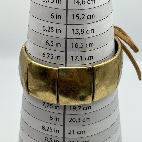 Boho Gold Tone Square Stretch Bracelet with Leather Lace Tie Up Design - Picture 10 of 10